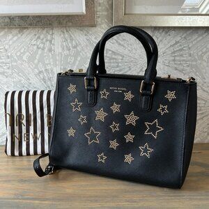 Authentic RARE Henri Bendel Star Studded Turnlock Satchel in Black Leather $595
